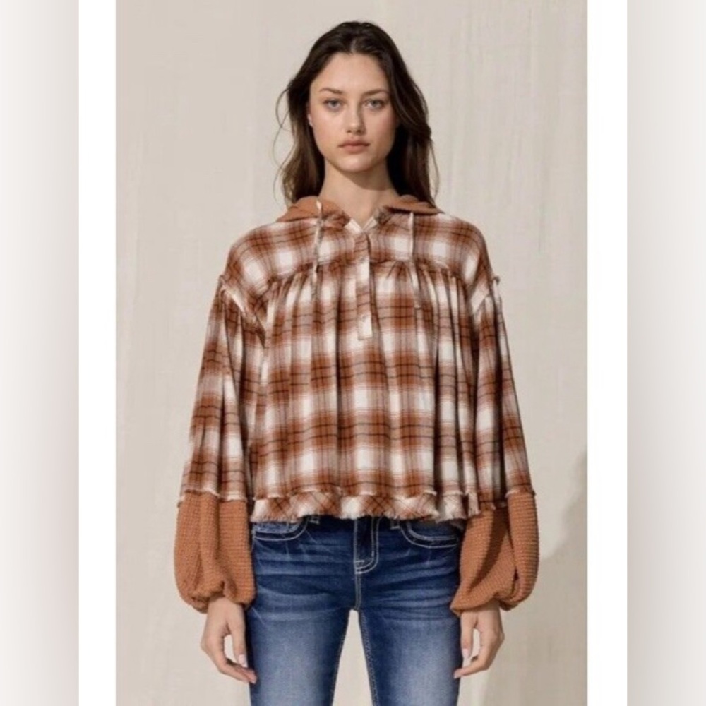 Miss Me MISS ME Multi Plaid Thermal Hoodie Balloon Sleeve Size Medium NWT